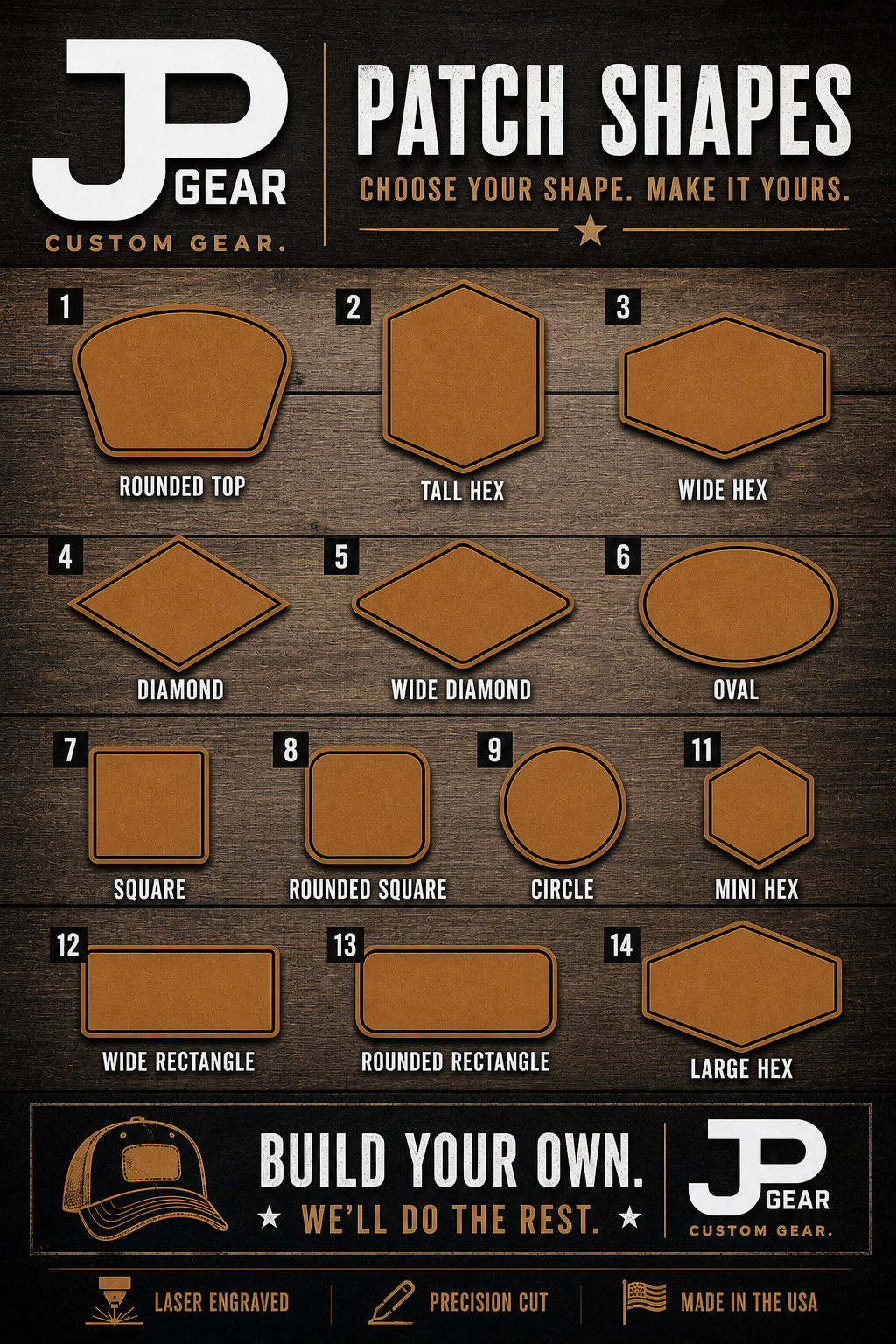 JP Custom Gear patch shape options: 1 Rounded Top, 2 Tall Hex, 3 Wide Hex, 4 Diamond, 5 Wide Diamond, 6 Oval, 7 Square, 8 Rounded Square, 9 Circle, 11 Mini Hex, 12 Wide Rectangle, 13 Rounded Rectangle, 14 Large Hex.