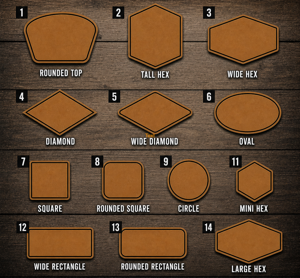 Available leatherette patch shapes — rounded top, tall hex, wide hex, diamond, wide diamond, oval, square, rounded square, circle, mini hex, wide rectangle, rounded rectangle, and large hex.